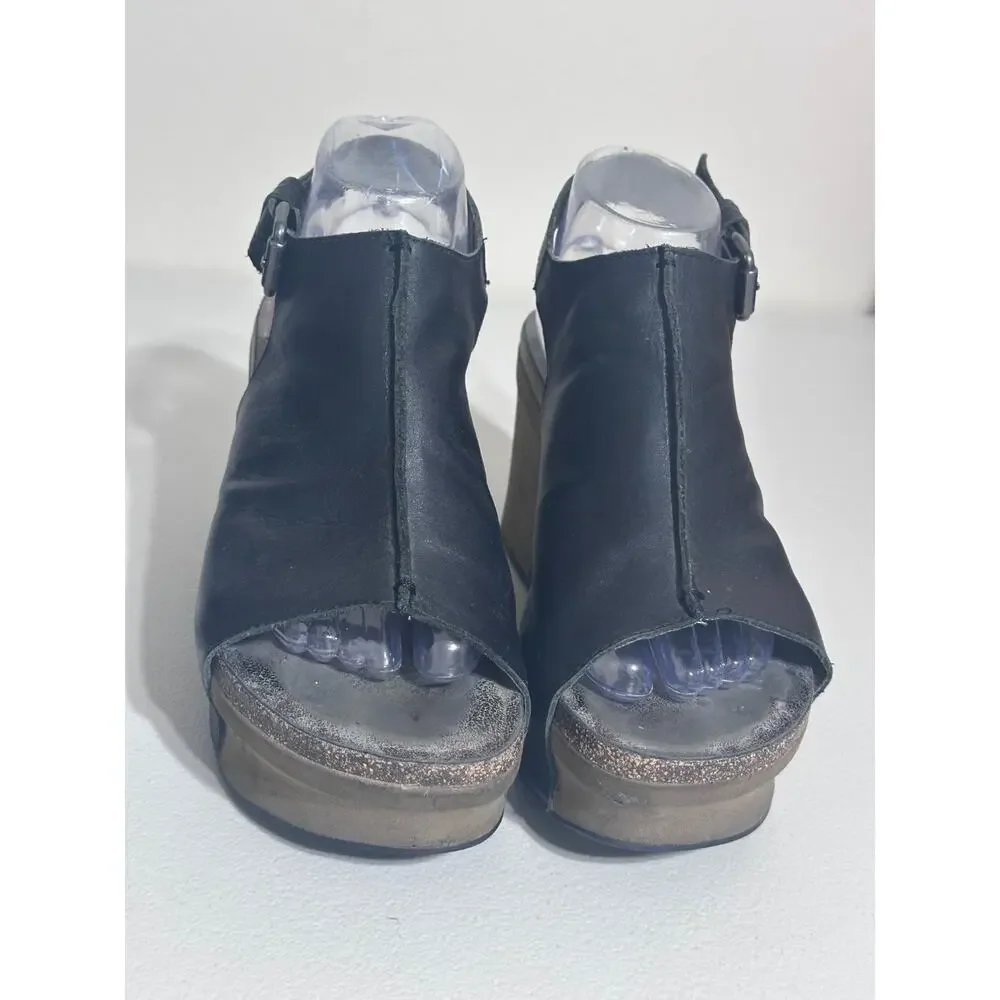 Otbt Jaunt Womens platform wedge sandals US 9 Black leather heel Cork Trim
